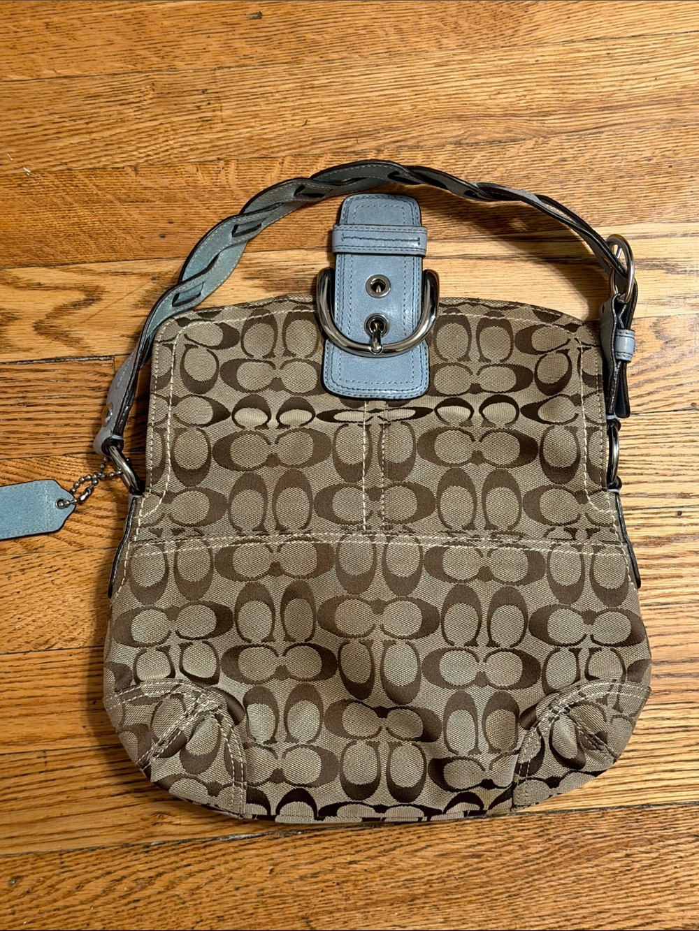 Coach soho flap Tan Signature Canvas Shoulder Bag with Light Blue Trim vintage - Picture 4 of 8